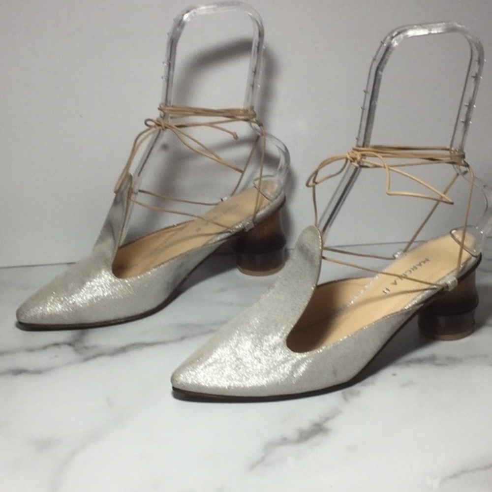 Marcela B. Bamboo Heel Sandal Tie Up Silver 7.5